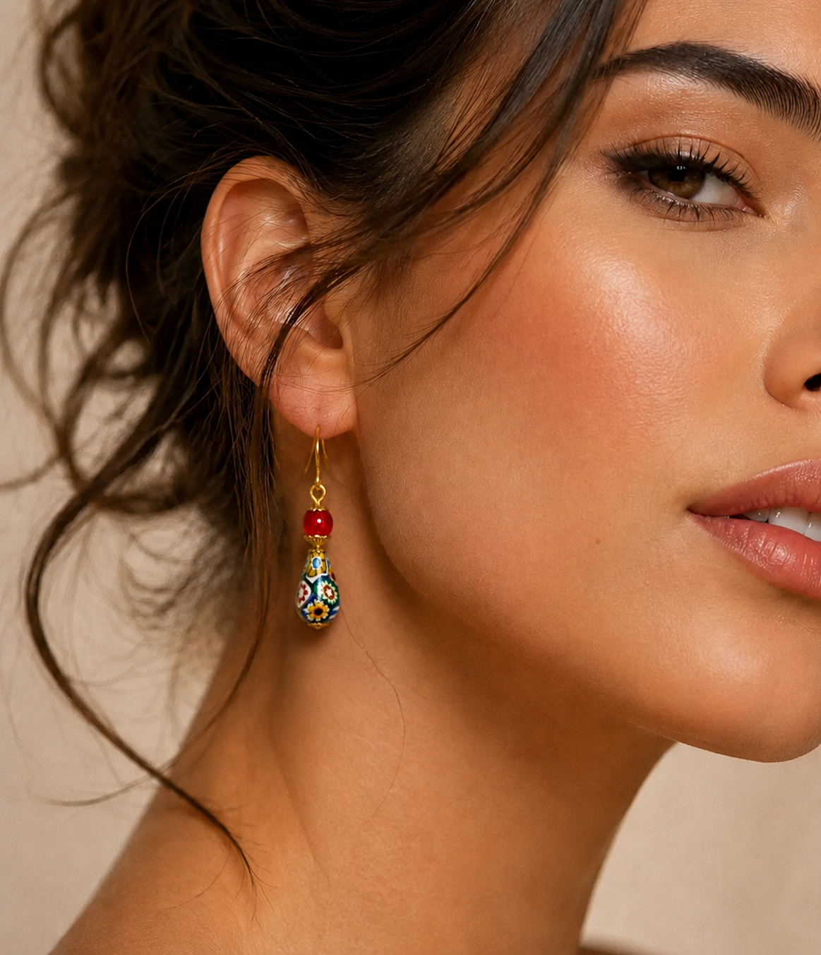 Murano glass earrings styled in warm natural light
