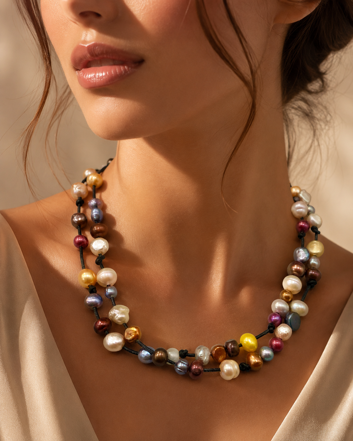 Model wearing a bold Murano glass necklace